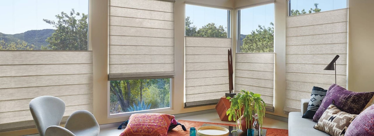 Window treatments near Novato, California (CA), that offer a textured look at each window.